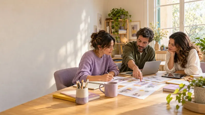 Equipo de Newslittle revisando bocetos de un cuento alrededor de una mesa