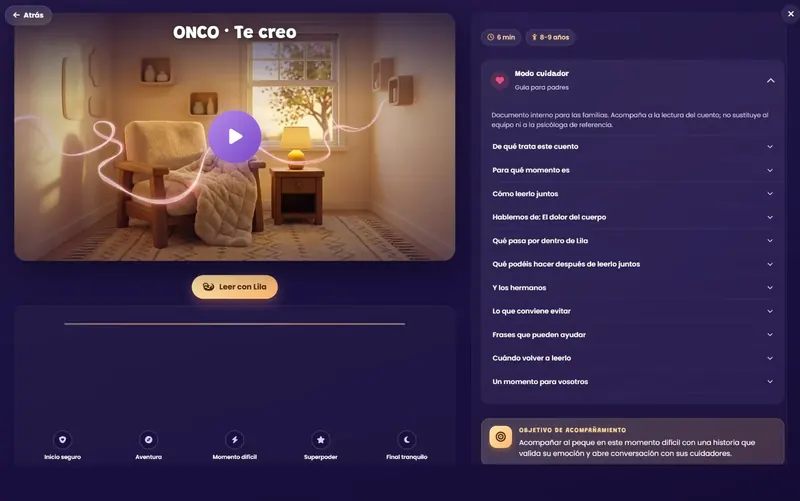 Pantalla real del producto: el cuento «Te creo» junto al Modo cuidador, la guía para padres con apartados como Cómo leerlo juntos, Lo que conviene evitar y Frases que pueden ayudar