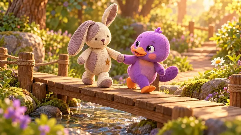 El conejo de pana, ilustrado, cruza un puente de la mano de Lila