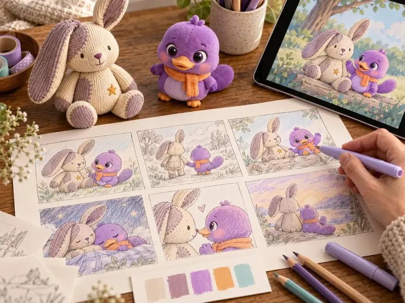 Storyboard del cuento con el conejo de pana y Lila, junto a los peluches y una paleta de color