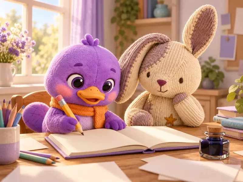 Lila escribe en un cuaderno junto al conejo de pana