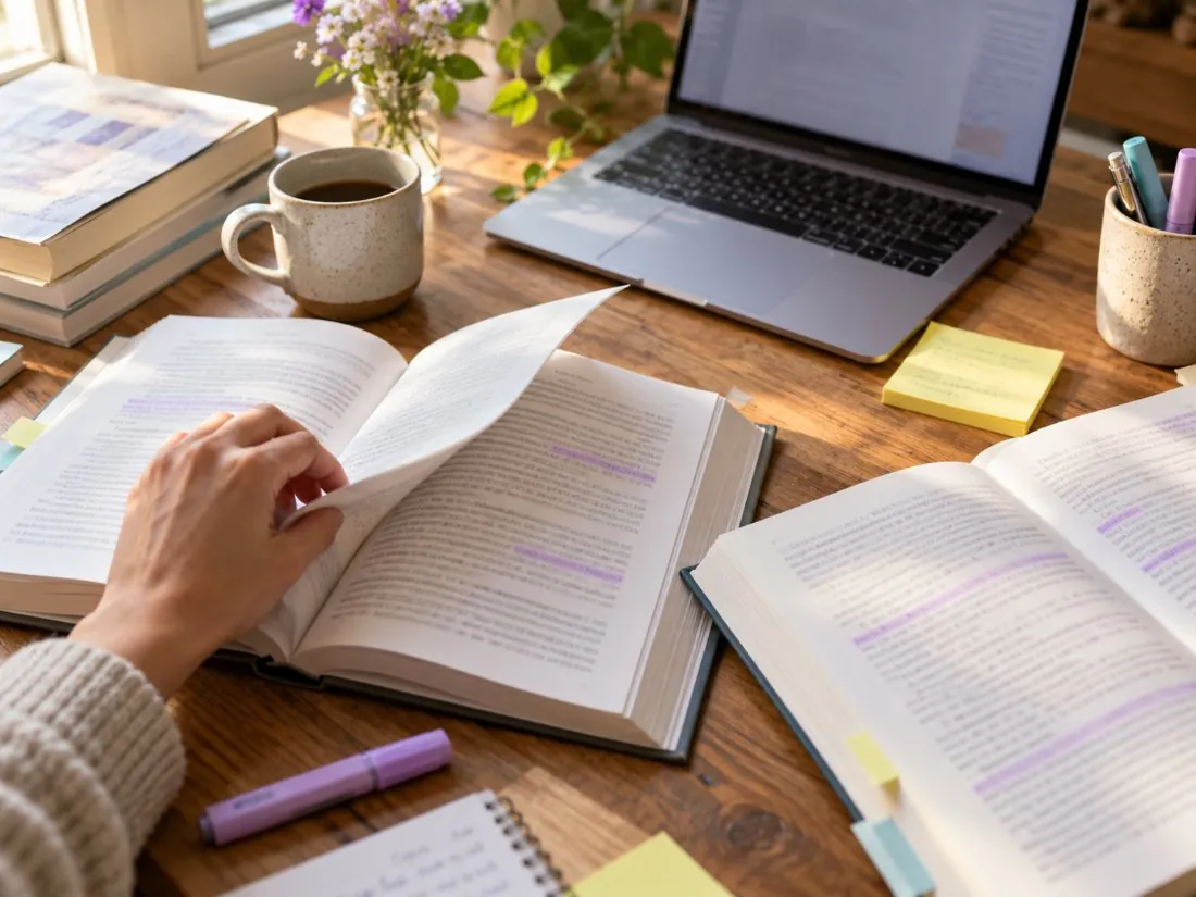 Manos pasando páginas de libros subrayados en lila sobre una mesa de trabajo
