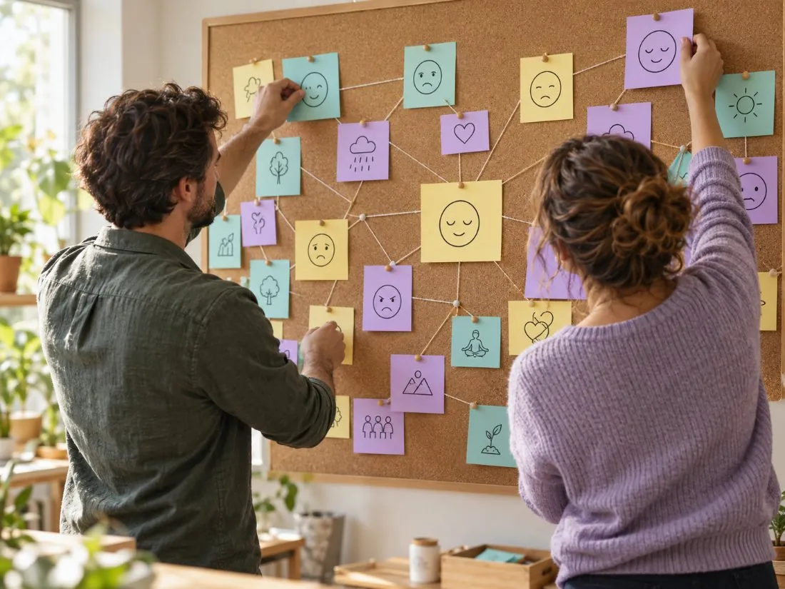Dos personas organizan en un panel de corcho tarjetas de emociones unidas con hilo